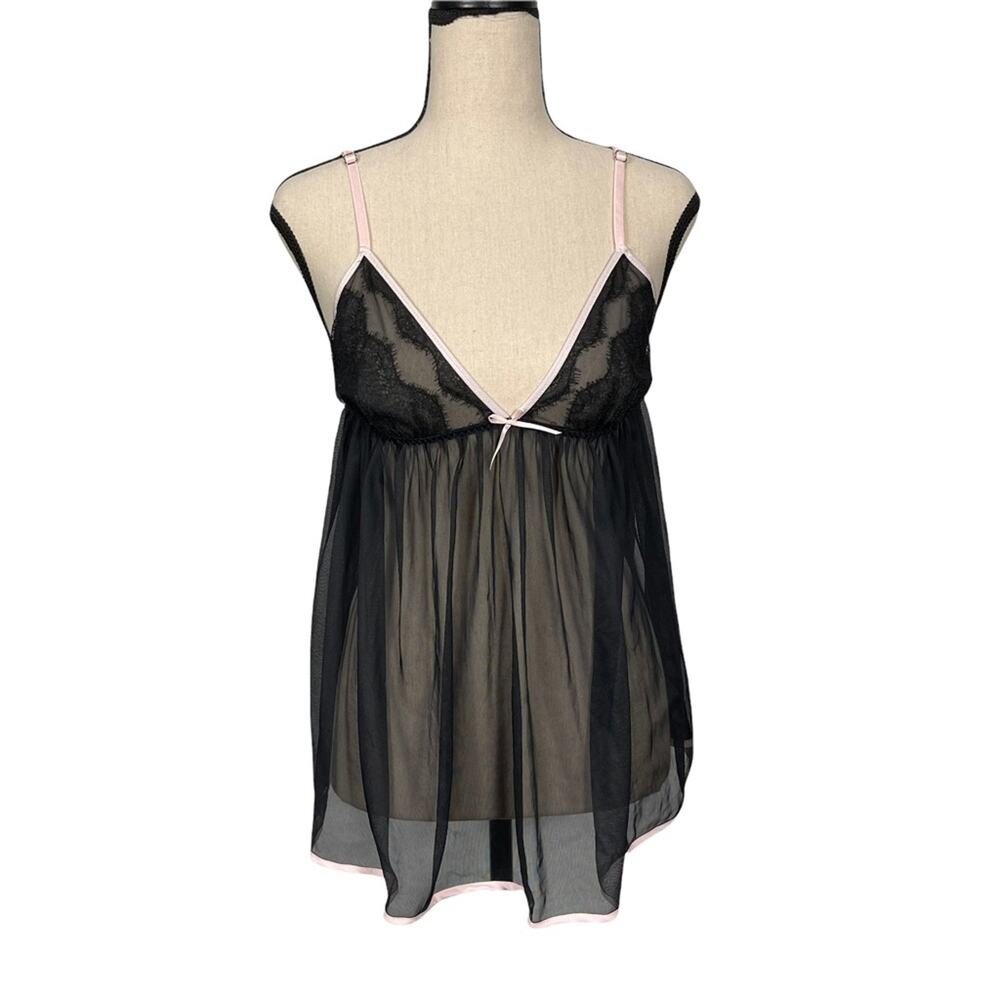 Victoria's Secret Sheer Lace Babydoll Tank/ Panties Black Pink Size Small NWOT